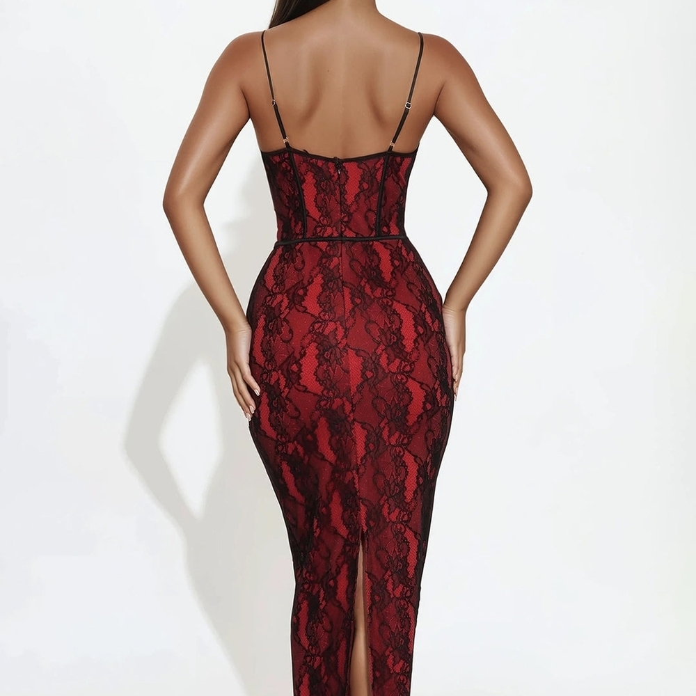 Fashion Nova Red and Black Lace Maxi Dress - Picture 2 of 4
